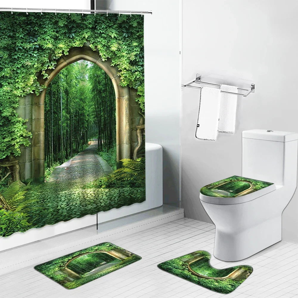 

Natural Scenery Shower Curtains Forest Waterfall Landscape Bathroom Curtains Non-Slip Rug Toilet Cover Set Carpet Door Bath Mat