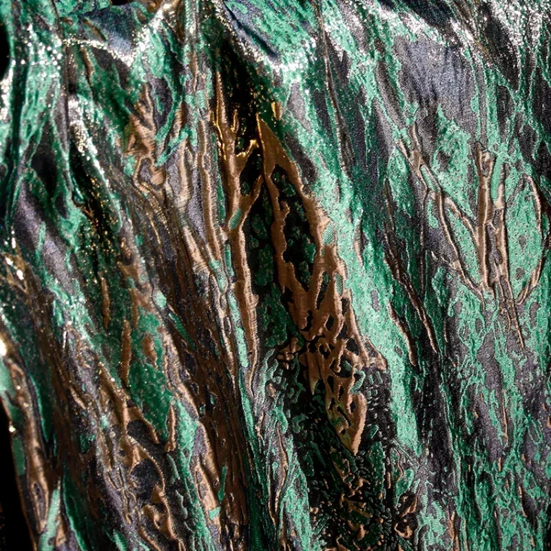 Retro Dark Green 3D Texture Gold Striped Jacquard Fabric Embossed High-end Curtains Han Clothing Designer Fabrics for DIY Sewing