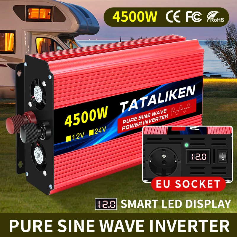 1000W-10000W Wechselrichter 12V/24V 220V reiner Sinuswellenkonverter Solarwechselrichter mit LED EU-Buchse