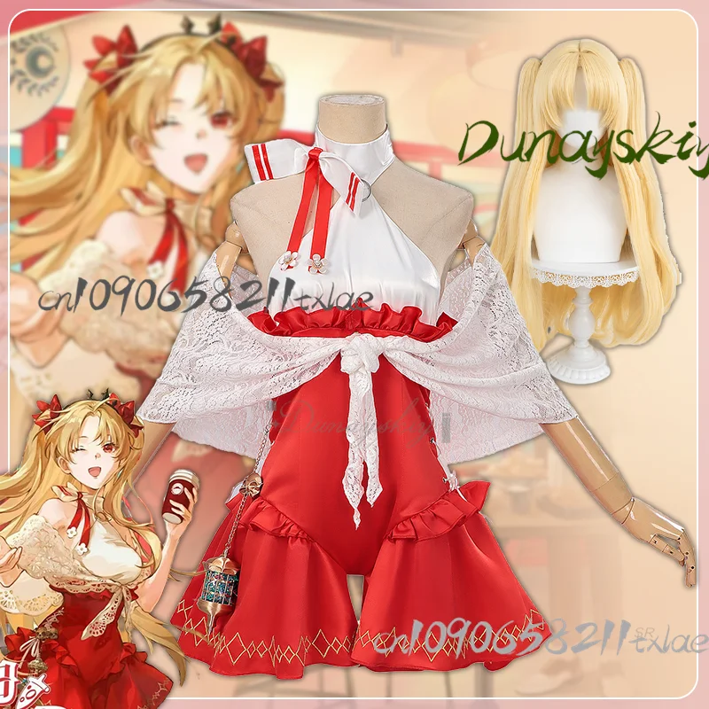 لعبة Fgggo Ereshkigalll أزياء تنكرية طلب فستان أحمر دانتيل شال شعر مستعار ذهبي مجموعة كاملة بدلة حفلة الهالوين كرنفال