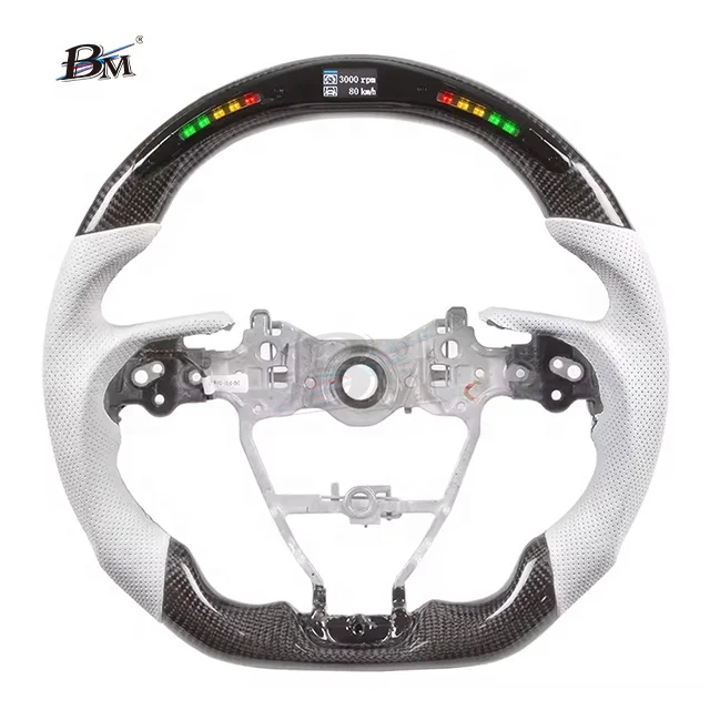 

BM Yaris Auris for Toyota Custom Sports Steering Wheels LED Light Carbon Fiber White Perforated Leather PU for Camry Corolla RAV