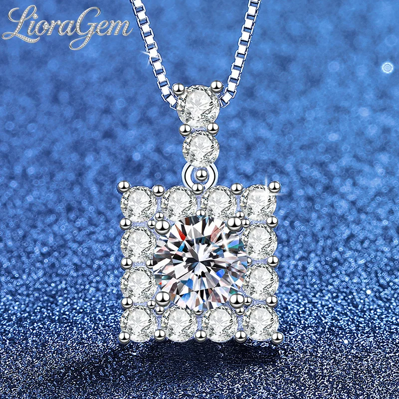 LioraGem Fashion Sugar Cube Full Diamond Pendant Necklace, 1 Carat Moissanite Collarbone Chain Platinum PT950 Stamp