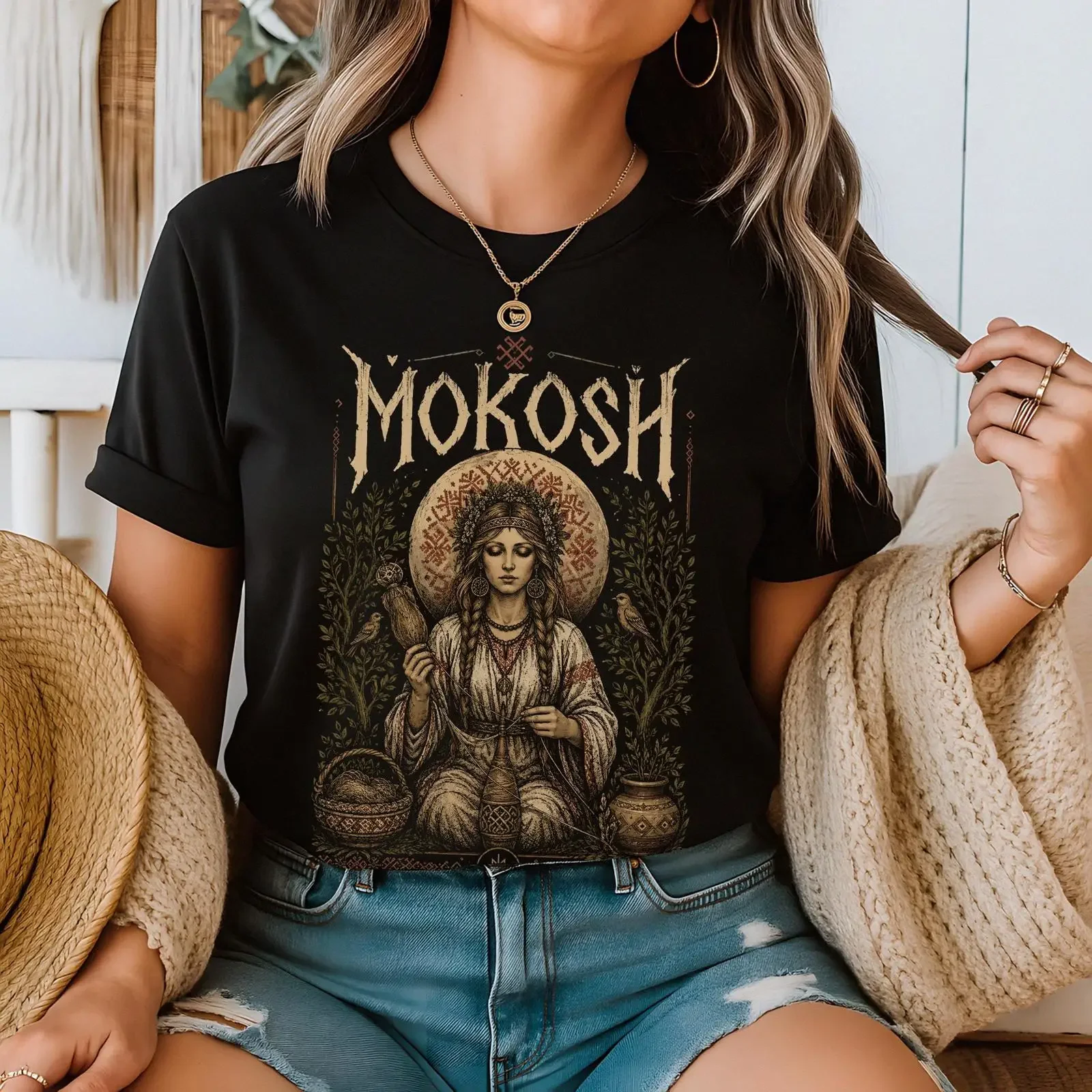 Mokosh Slavic Goddess T Shirt Pagan Mythology Folk Witch Spiritual Divine Feminine Apparel Witchy  vintage Washed homme