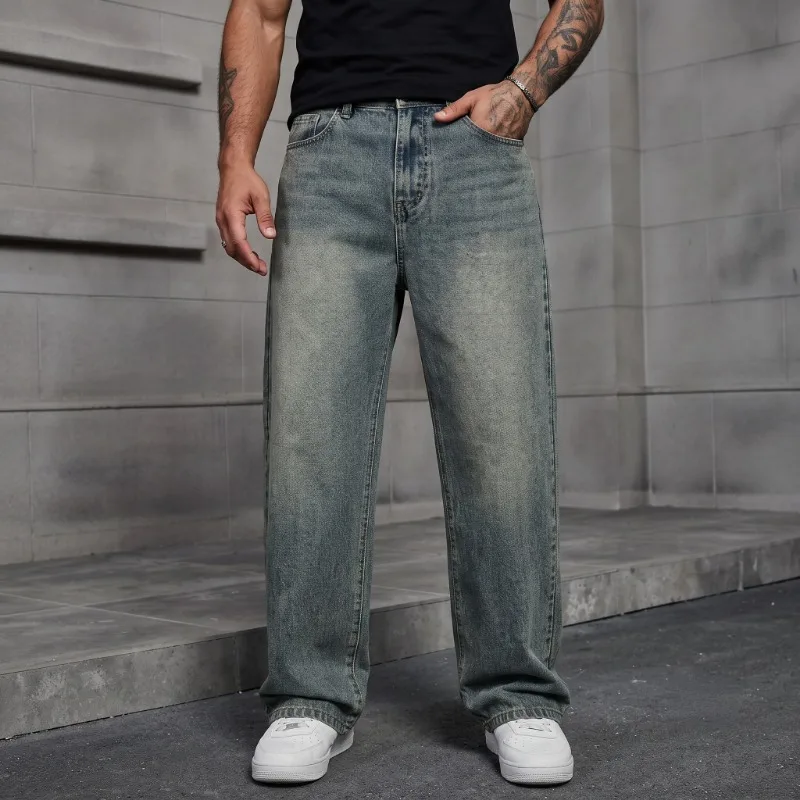Mens European American Style Loose Straight Non Stretch Wide Leg Jeans Casual Long Trousers For Daily Wear