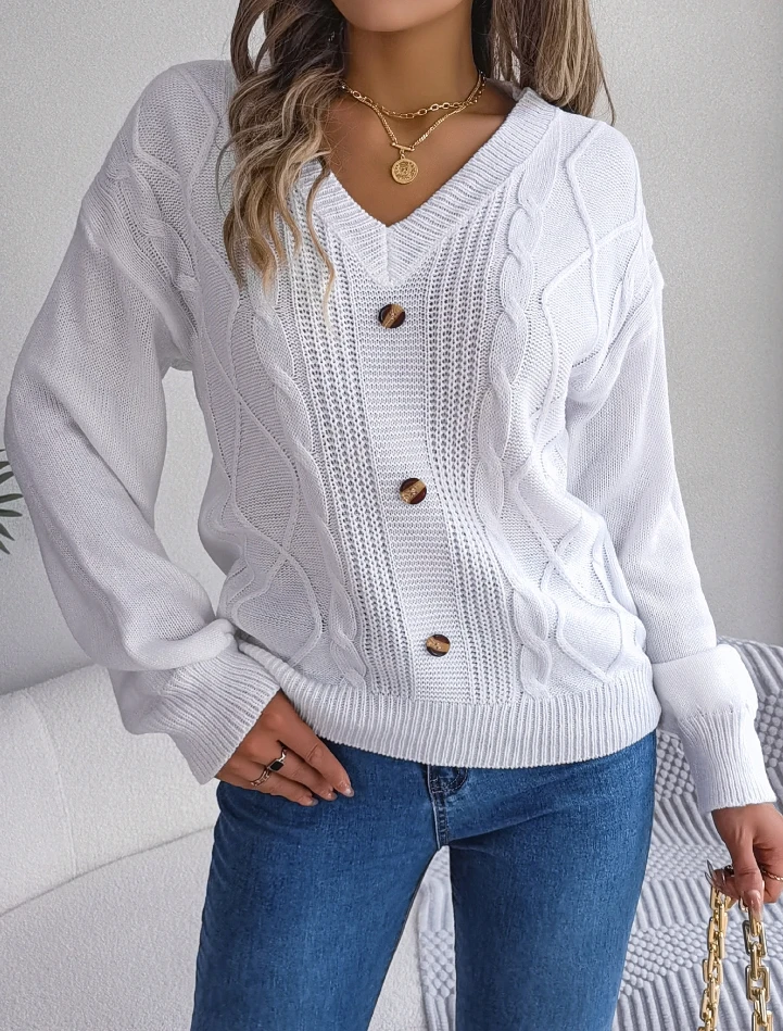 Women's Retro Sweater 2025 Autumn Winter Latest Solid V-Neck Button Fried Dough Twists Lantern Sleeve Long Sleeve Hoodie Top