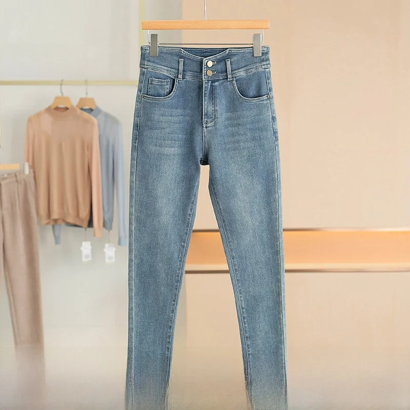 

Comfortable Elastic Loose Fit Skinny Jeans Women's Casual Cotton Stretch Denim Pants High Waist Button Closure Spring Fashion