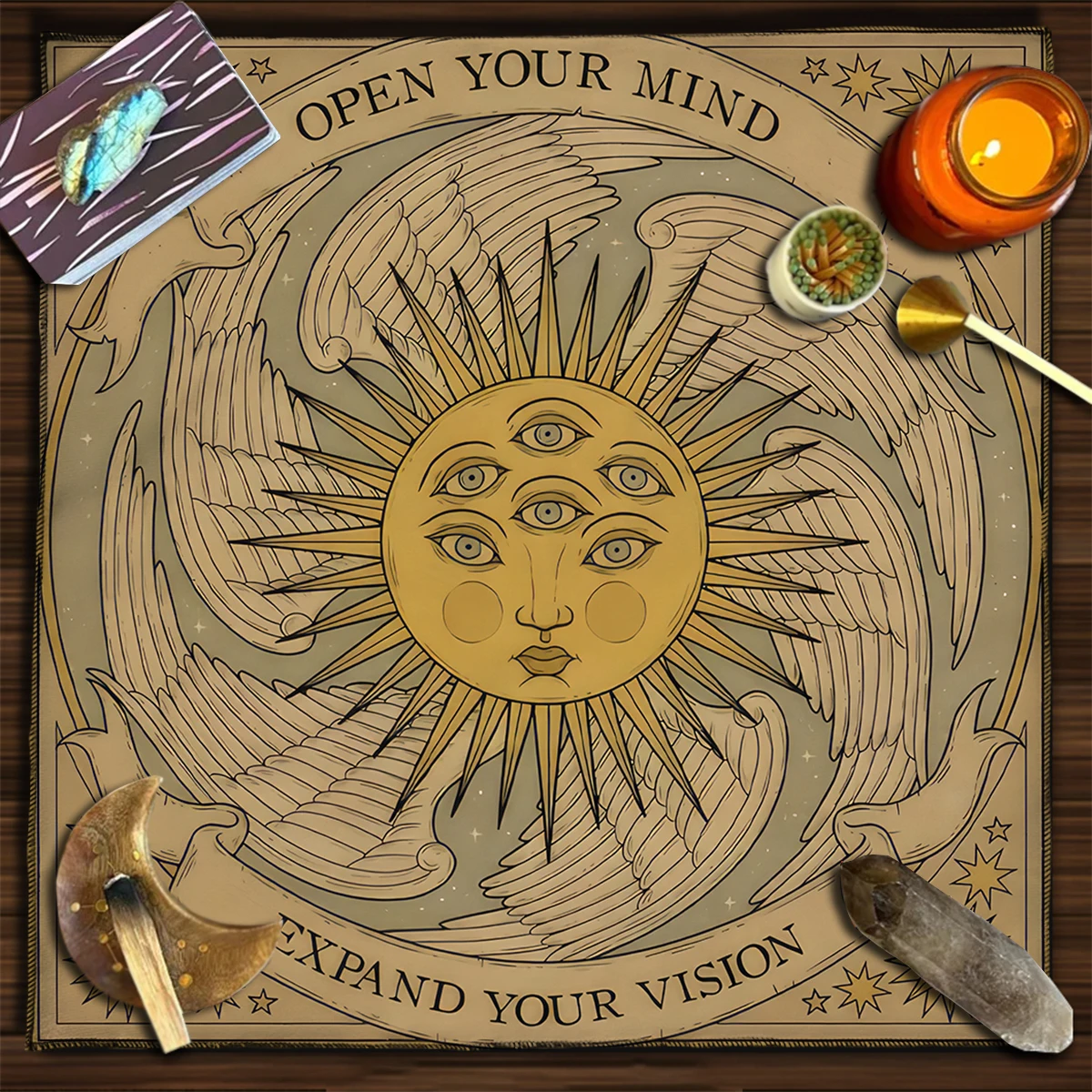 50/75/110/137cm Tarot mat Mysterious Sun With Eyes Altar Cloth Tarot Card Tablecloth Tarot Mat Wings Stars Design Divination