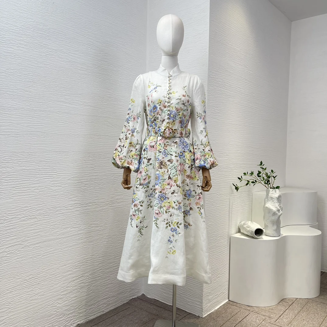 Neues 2025, beige-weißes Leinen, hochwertiges, heißes, klassisches A-Linien-Midikleid mit