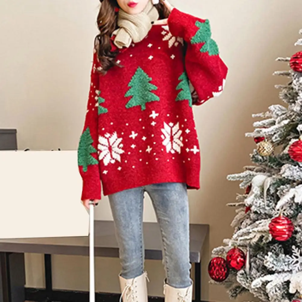 Women Festive Sweater Knitted Sweater Cozy Women\'s Christmas Sweater Knit Thick Round Neck Festive Tree Print Soft Warm for New