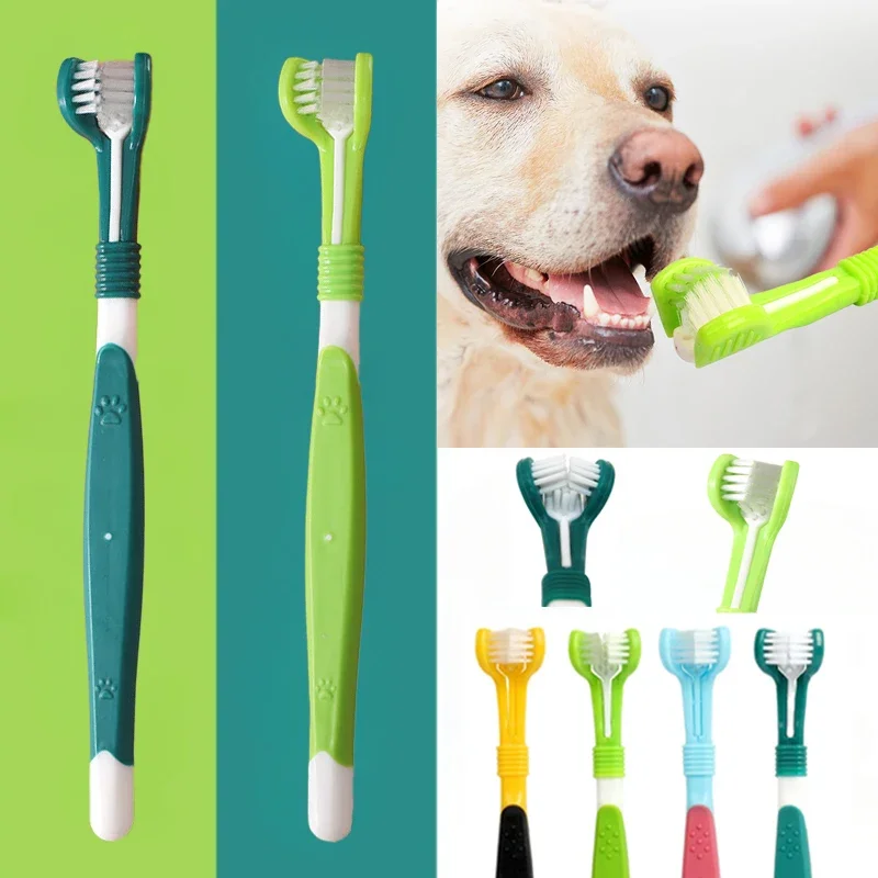 Cepillo de dientes de 3 caras para mascotas, cepillo de dientes de plástico para perros, elimina el mal aliento, limpieza del sarro, boca, cuidado Dental para mascotas, limpieza de gatos, boca para perros
