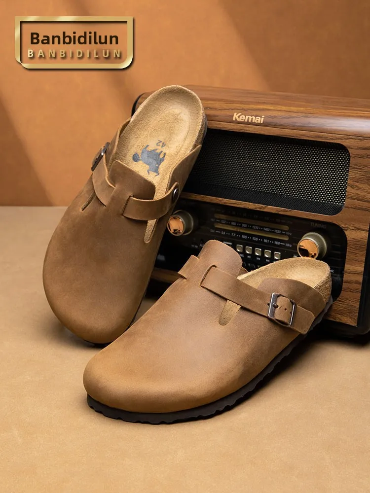 

Мужские кожаные тапочки-сандалии ручной работы в стиле ретро, повседневные слипоны-сабо с дышащей подошвой из мягкой древесины, на плоском каблуке, летние