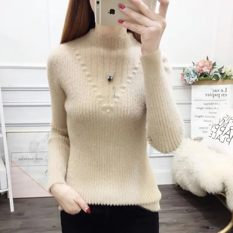 Women's Autumn Winter Solid Flocked Screw Thread Long Sleeve Sweater Knitted Casual Undershirt Fashion Elegant Office Lady Tops