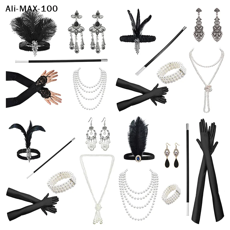 【AM3】1Set 1920's Flapper Cosplay Costume Feather Headband Pearl Necklace Long Glove Gatsby Masquerade Accessories