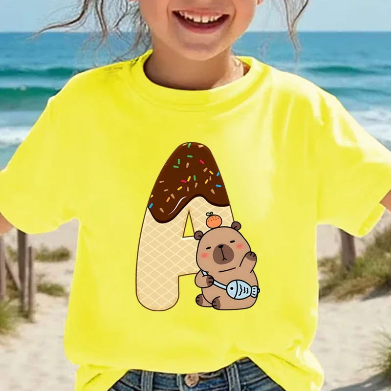 Cartoon Capybara Letter A-Z Print T-Shirts for Girls Boys Capybara Lover Gift 26 Alphabet Kids Shirt Cotton Tee Fashion Y2K Tops