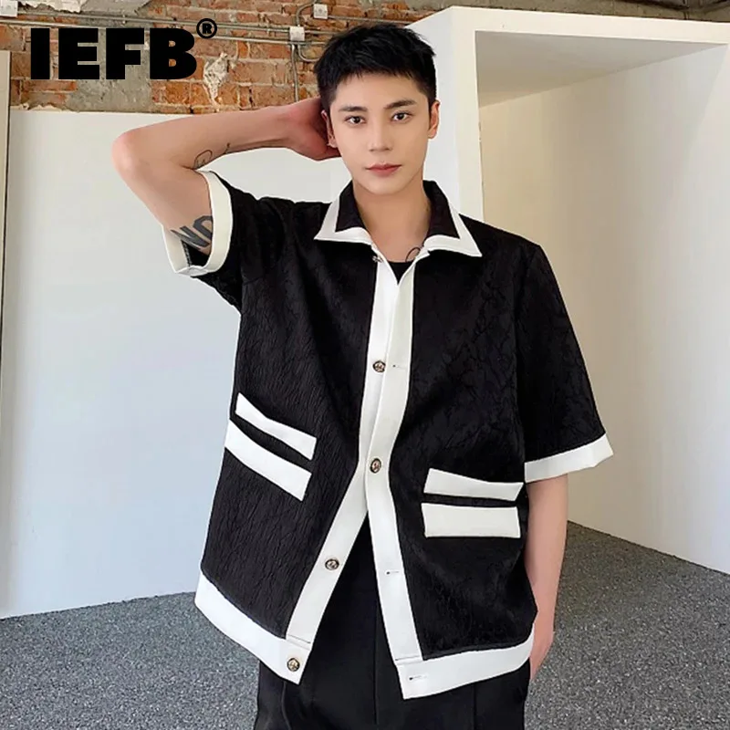 

IEFB New Stylish Men's Shirt Short Sleeve Turn-down Collar Male Top Contrast Color Korean Style Men Clothing 2024 Summer 9C5520