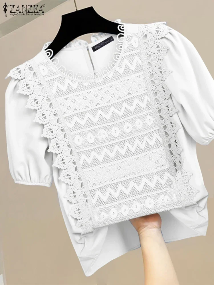 2025 ZANZEA décontracté dentelle Blouse femmes à manches courtes hauts mode couleur unie Blusas col rond surdimensionné Vintage Pacthwork tunique