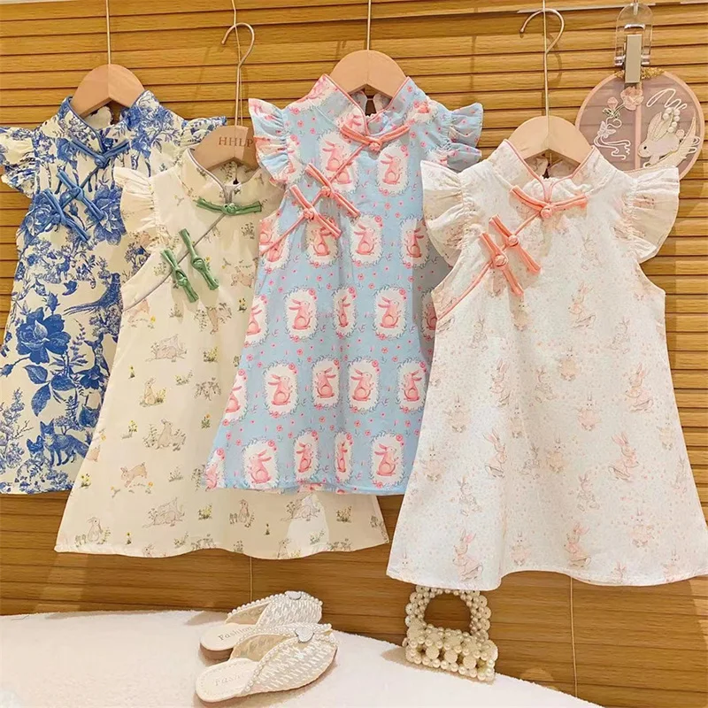 Multiple Styles Retro Floral Flying Sleeves With Slanted Buckle Temperament Princess Cheongsam Dress For Girl Summer New