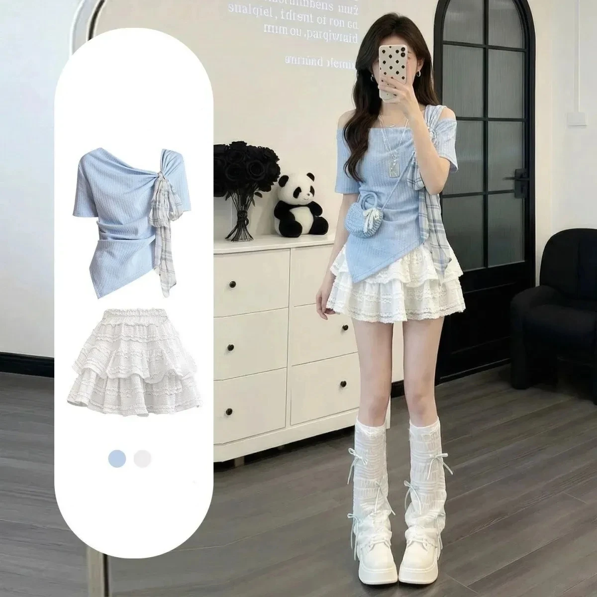 

Women's Korean Summer Sweet Blue T-Shirts Mini White Ball Gown Two Piece Set Lady Trendy Short Sleeve Tops Skirts Outfits 2026