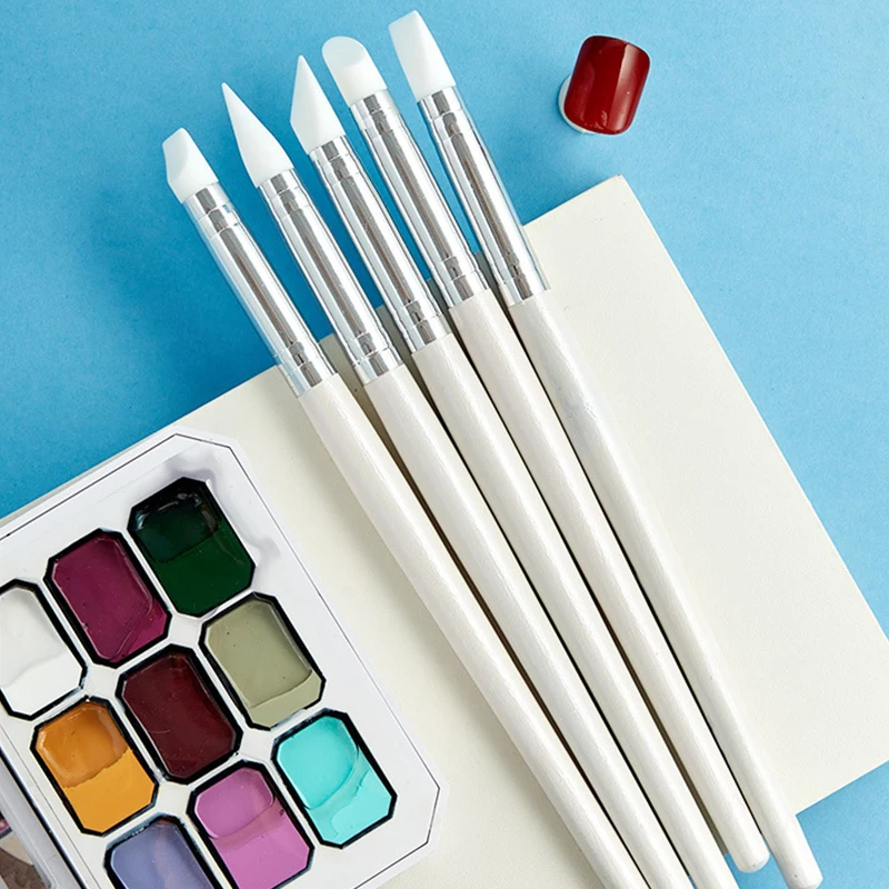 5Pcs Natural Wood Handle Silicone Nail Art Pen Multi-color Soft Tip For Carving Dotting Chrome Powder DIY Salon Manicure Tools