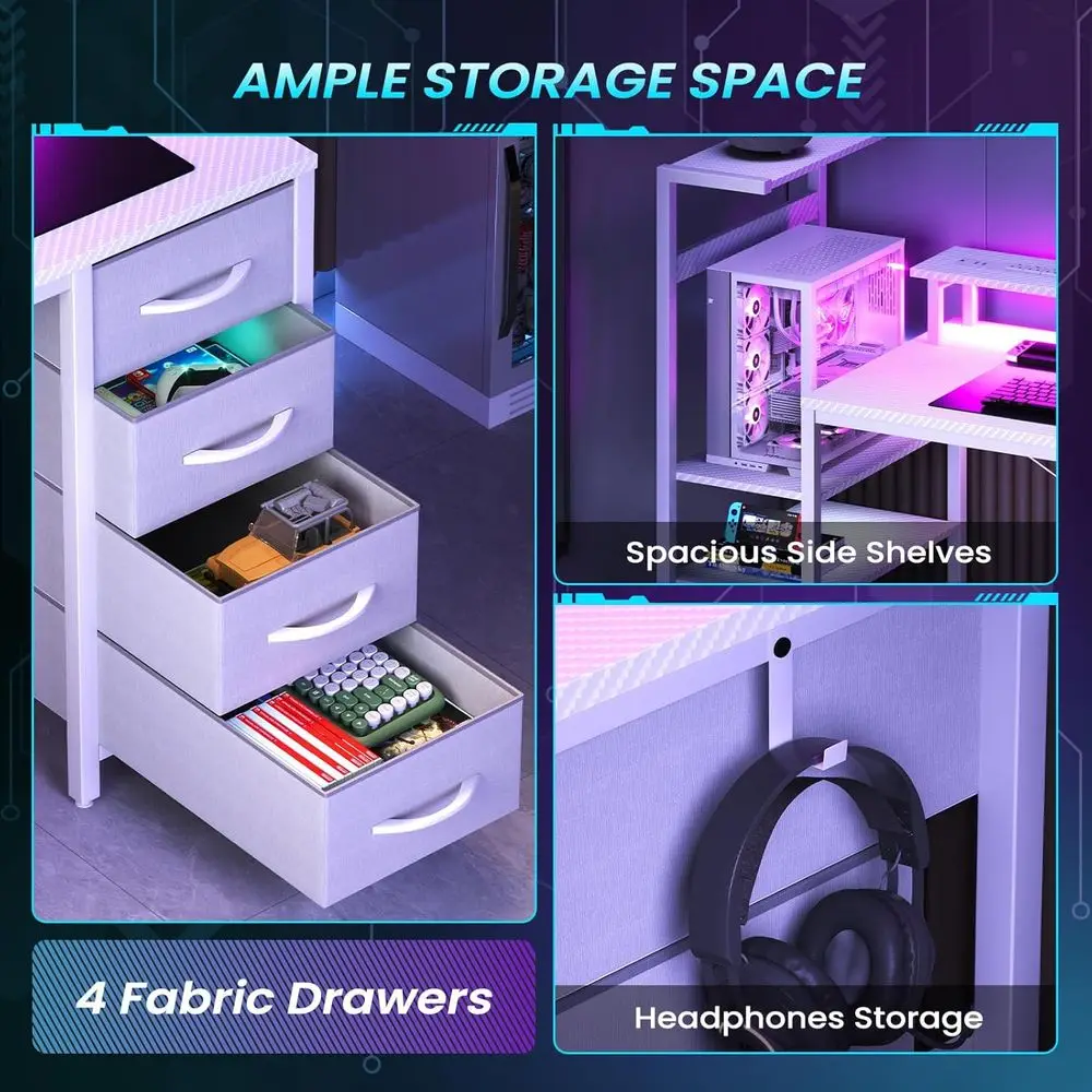 Carbon Fiber White 51 Gaming Desk with 4 Drawers, LED Lights, and Power Outlet for Compact Spaces