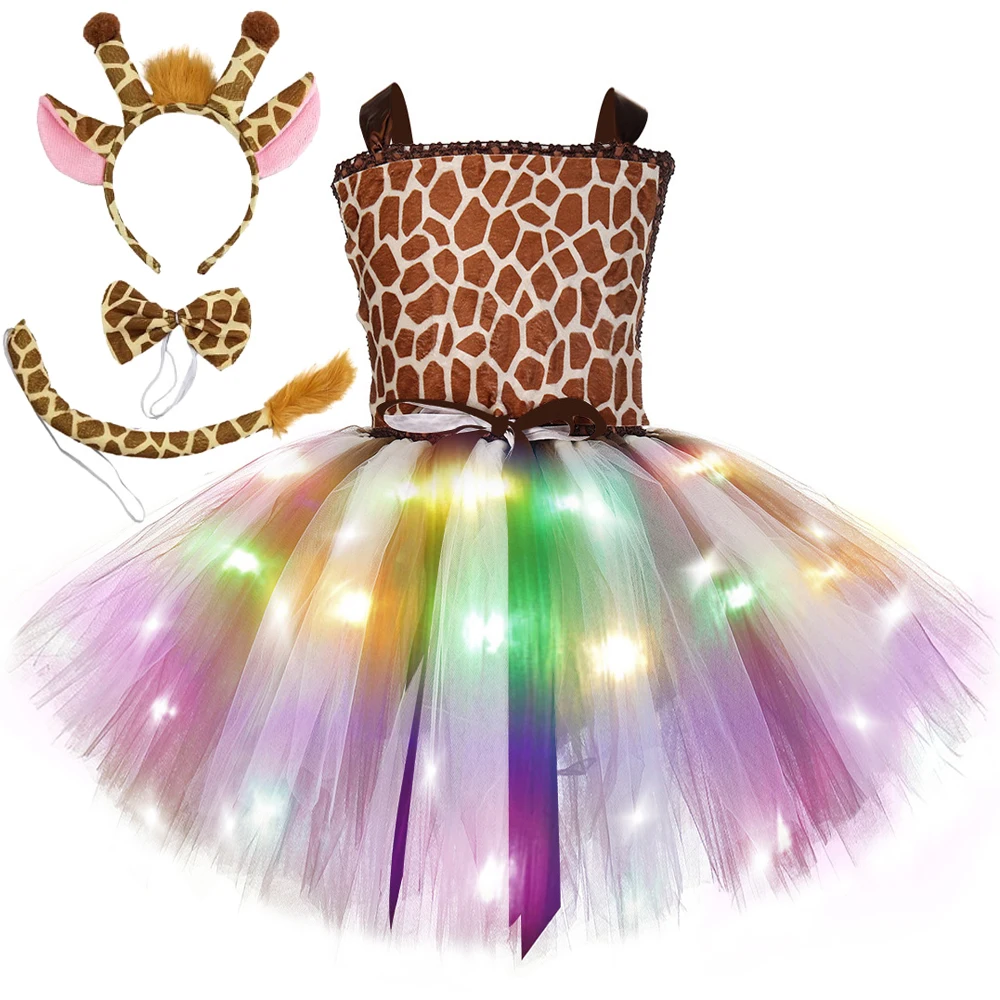 

Led Lights Tiger Deer Giraffe Costumes for Girls Christmas Halloween Dresses Jungle Animals Cosplay Outfits Kids Holiday Tutus