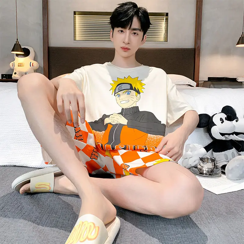 Anime One Piece Luffy Men Short-Sleeved Pajamas Set Summer Cartoon Cotton Thin Section Teenagers HomeWear Set Student Loungewear