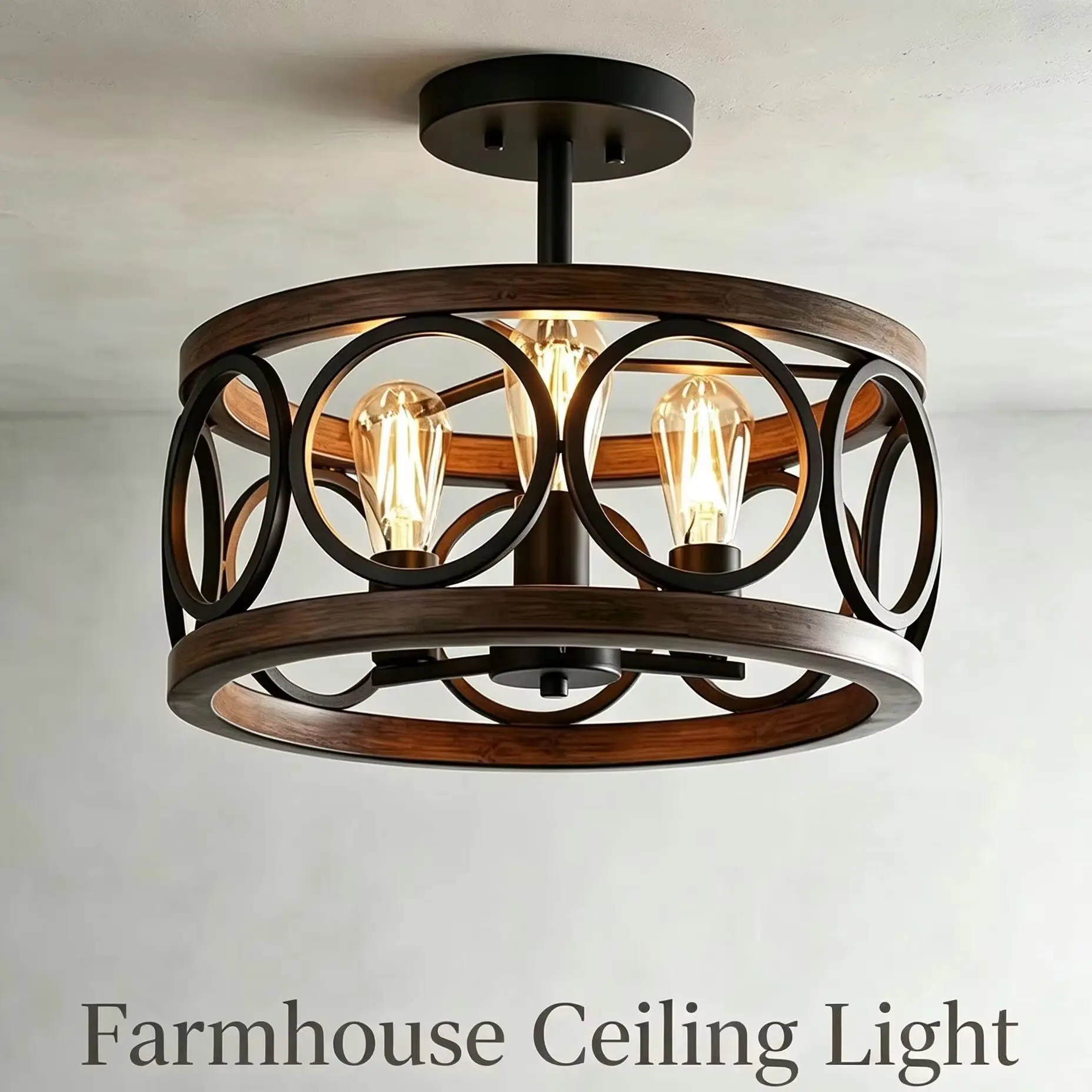Vintage Farmhouse Semi Flush PendantLight Adjustable Rod Sloped CeilingCompatible Wood Metal LampforHallway Kitchen Dining Attic