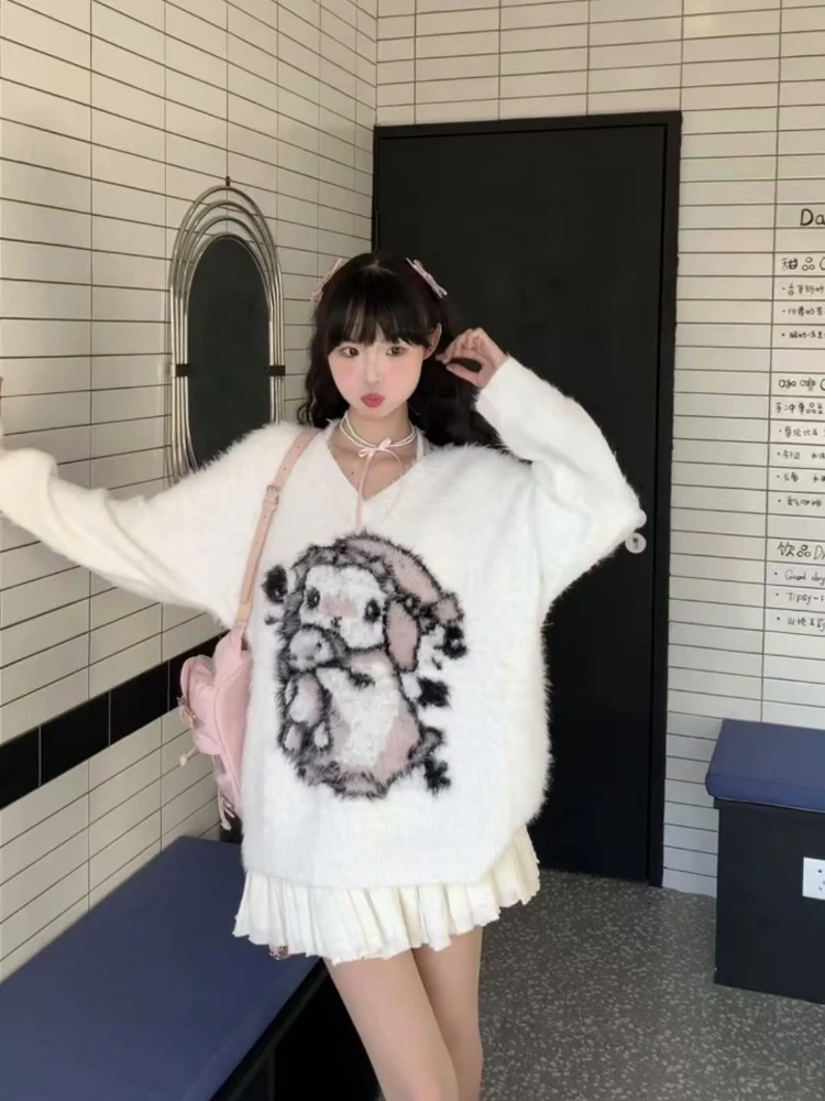 2024 Preppy Style Grunge Sweater Harajuku  Oversize Fur Autumn Grunge Pullover Cartoon Jacquard Kawaii Cute Loose Women Jumpers