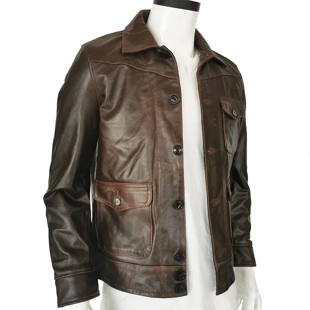 Men Leather Jacket Thick 100% Natural Oil Wax Cowhide Skin Dark Brown Soft Coat Winter Clothing Asian Size M-3XL M505