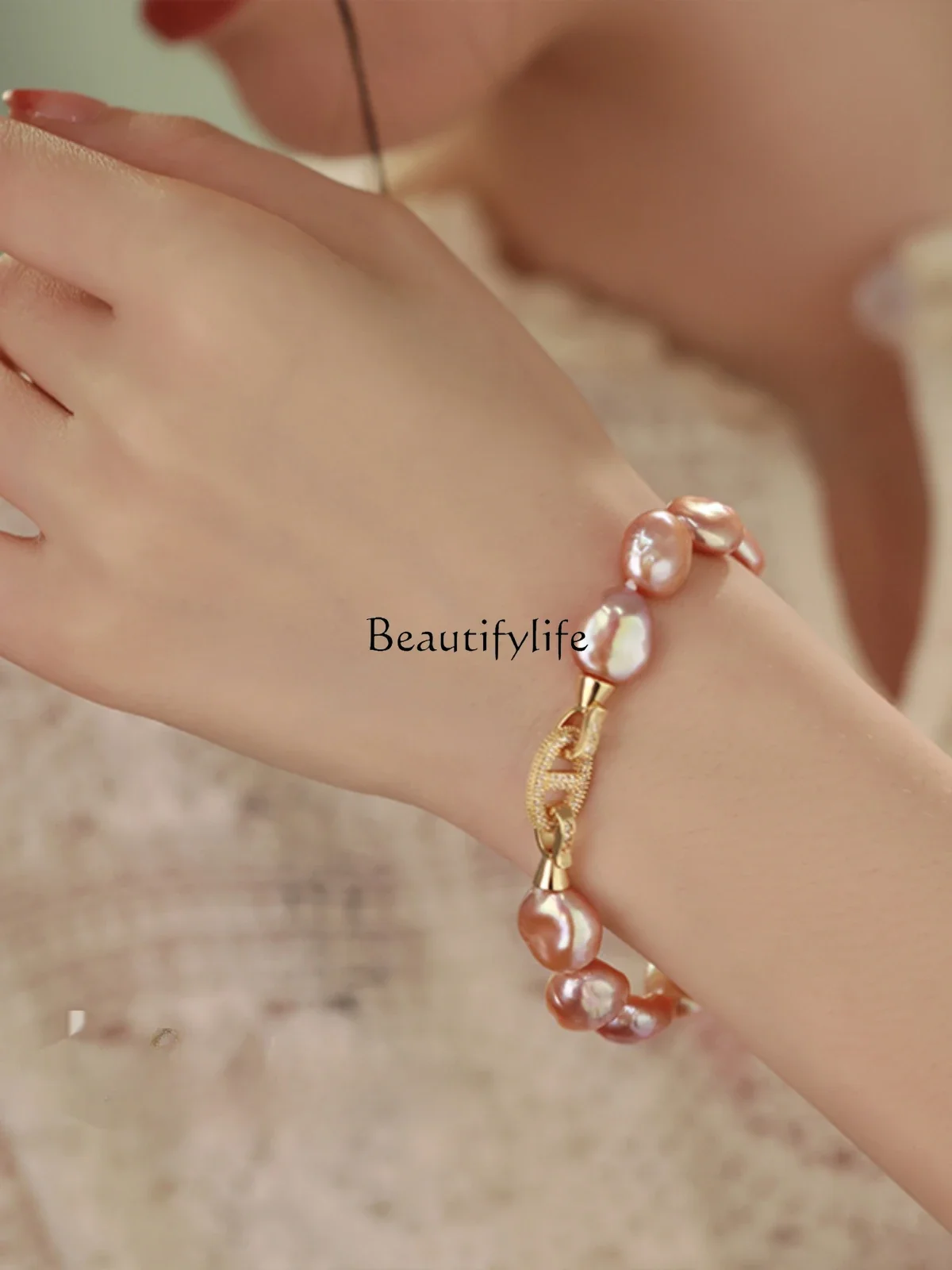 Light Pink Pearl Bracelet for Girls, Luxury Minority Exquisite