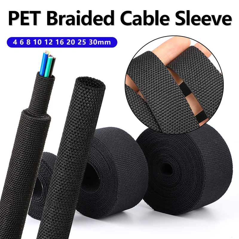 3/5Meters Black PET Braided Cable Sleeve 4-30mm Heat Shrink Tube Insulation Flam Retardant Protection Wrap Sheath Wire Organizer