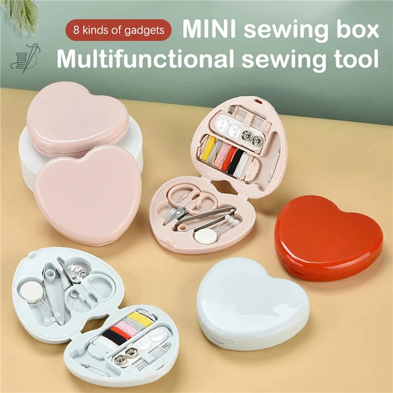 1Box Heart-Shaped Mini Sewing Kit, Portable Multi-Functional Sewing Box with Thread, Needles, Scissors & Accessories