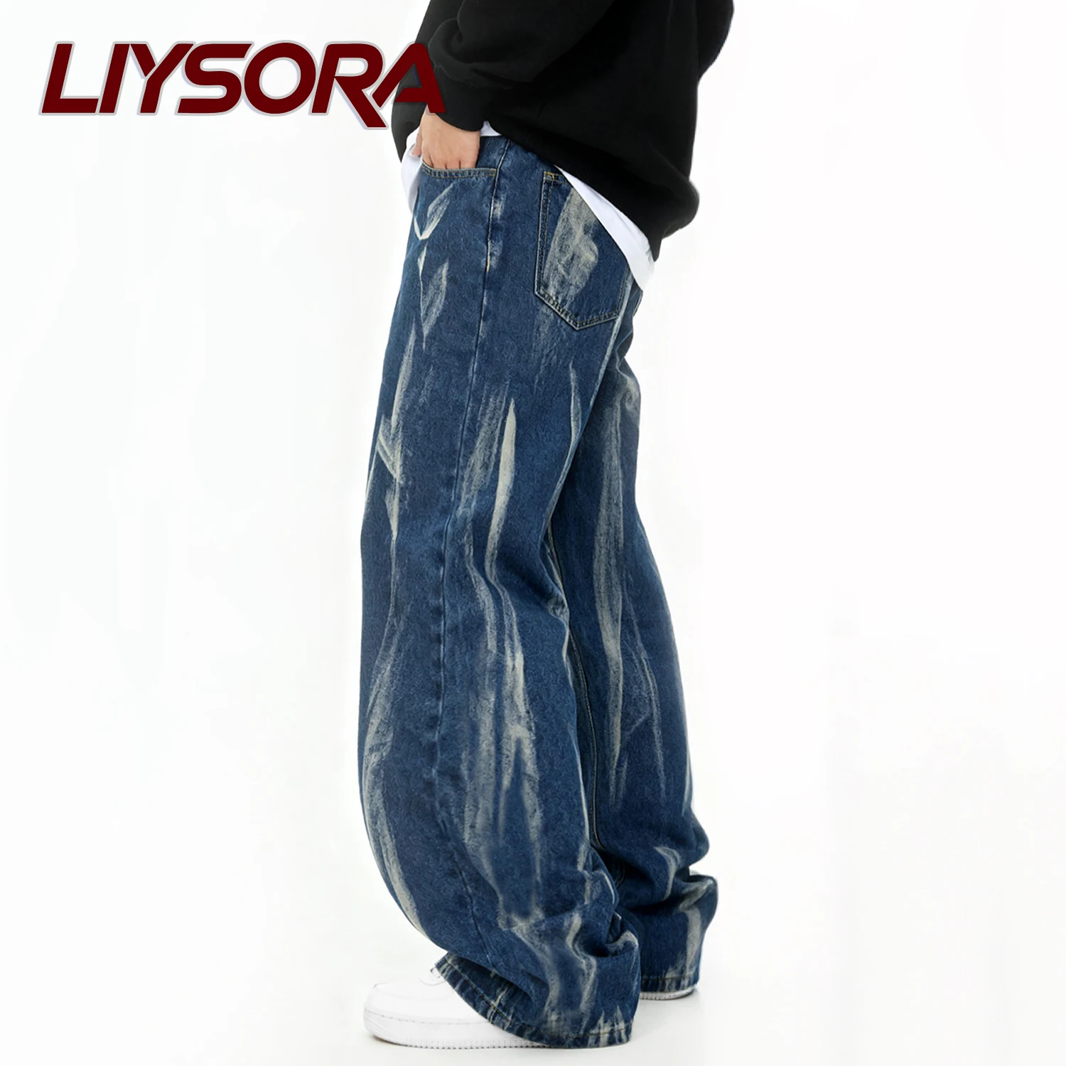 أربعة مواسم الرجال فضفاض مستقيم واسعة الساق الجينز تصميم شخصي التعادل صبغ الدنيم السراويل فضفاض للجنسين اليومية جينز غير رسمي الملابس #3
