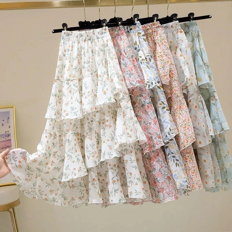 Novel 2023 Summer Female Layered Flower Print Irregular Frill Multi-Purpose A-Shape Skirt Trendy Ethereal Romantic Fashion