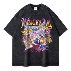 Anime Yu Gi Oh T Shirts Vintage Washed Dark Magician Girl T-shirt Retro Streetwear Manga Black Magician Short Sleeve Tops Tees