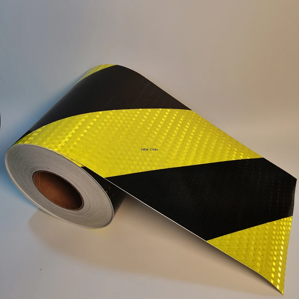8Inchx16FT Waterproof Reflective Twill Tape Fluorescent Yellow-Black Adhesive High Visibility Warning Safety Conspicuous Sticker