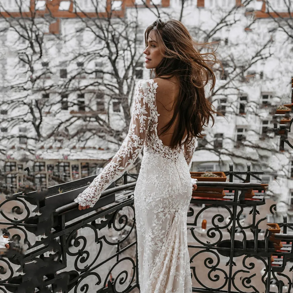 Sexy Backless Long Mermaid Wedding Dresses Vestido Sexy Sweep Train Bridal Dress Long Sleeves with Lace Applique Bride Robe