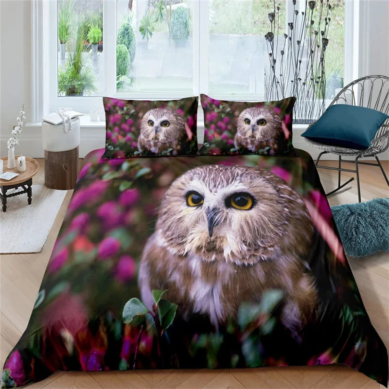 Black Owl King Queen Duvet Cover Moon Safari Bird Animal Bedding Set Lovely Wildlife Quilt Cover Grey Polyester Comforter Cover