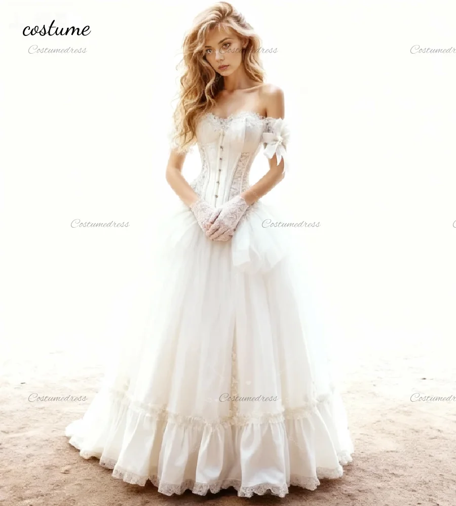 Elegant White Gothic Victorian Wedding Dress Sweetheart Lace Celtic Viking Bridal Gown 2026 Medieval Renaissance Bride Dress