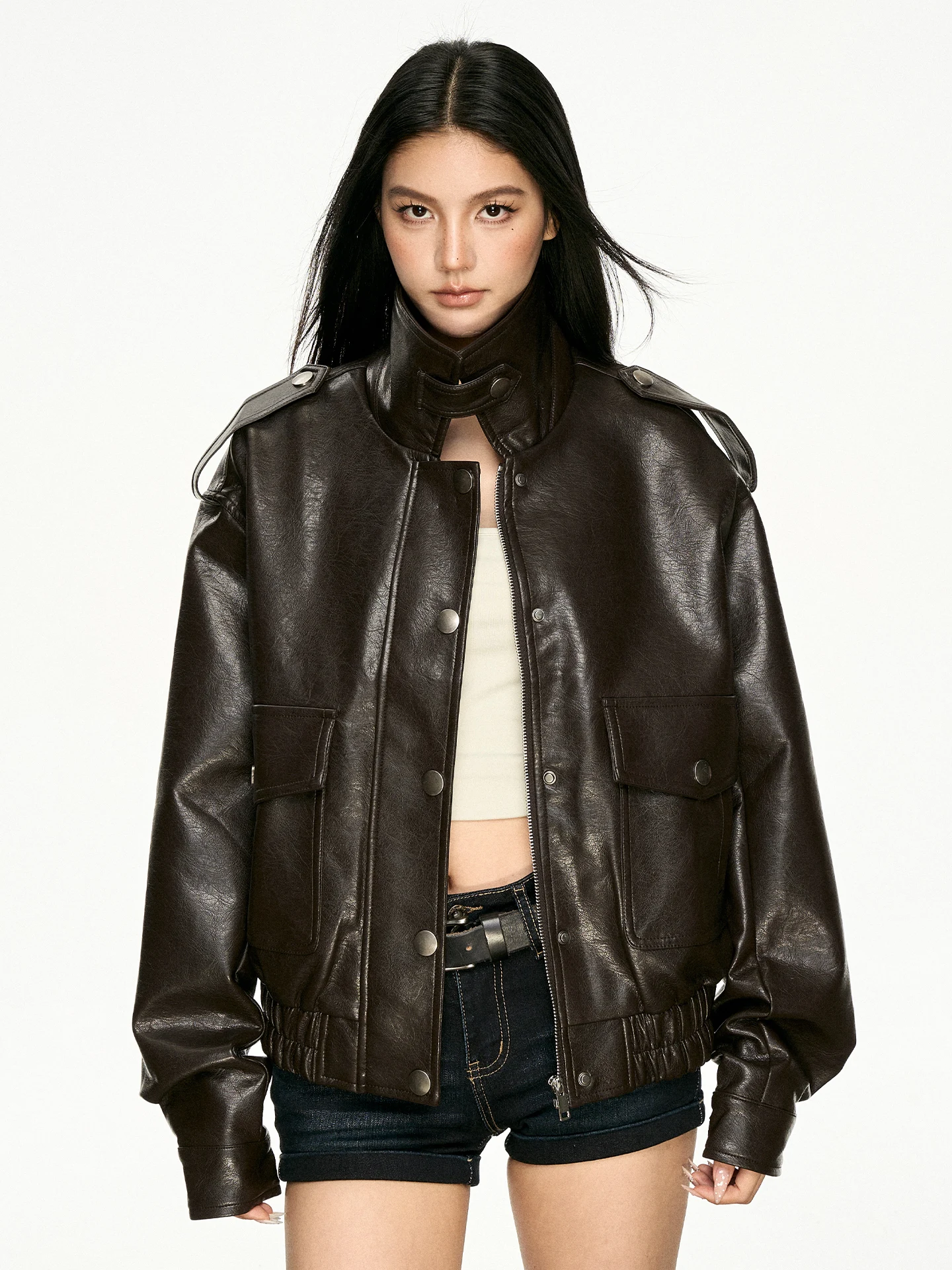 

Aaisup American Retro Motorcycle Style Stand Collar Leather Jacket Women's Spring Autumn New Style Versatile Short Coat