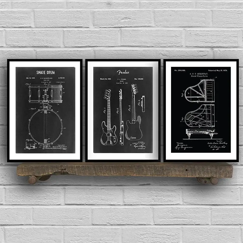 براءة اختراع الرسم ملصق آلة موسيقية الغيتار البيانو رف طبل قماش الطباعة للمنزل جدار الفن الديكور اللوحة بدون إطار #5