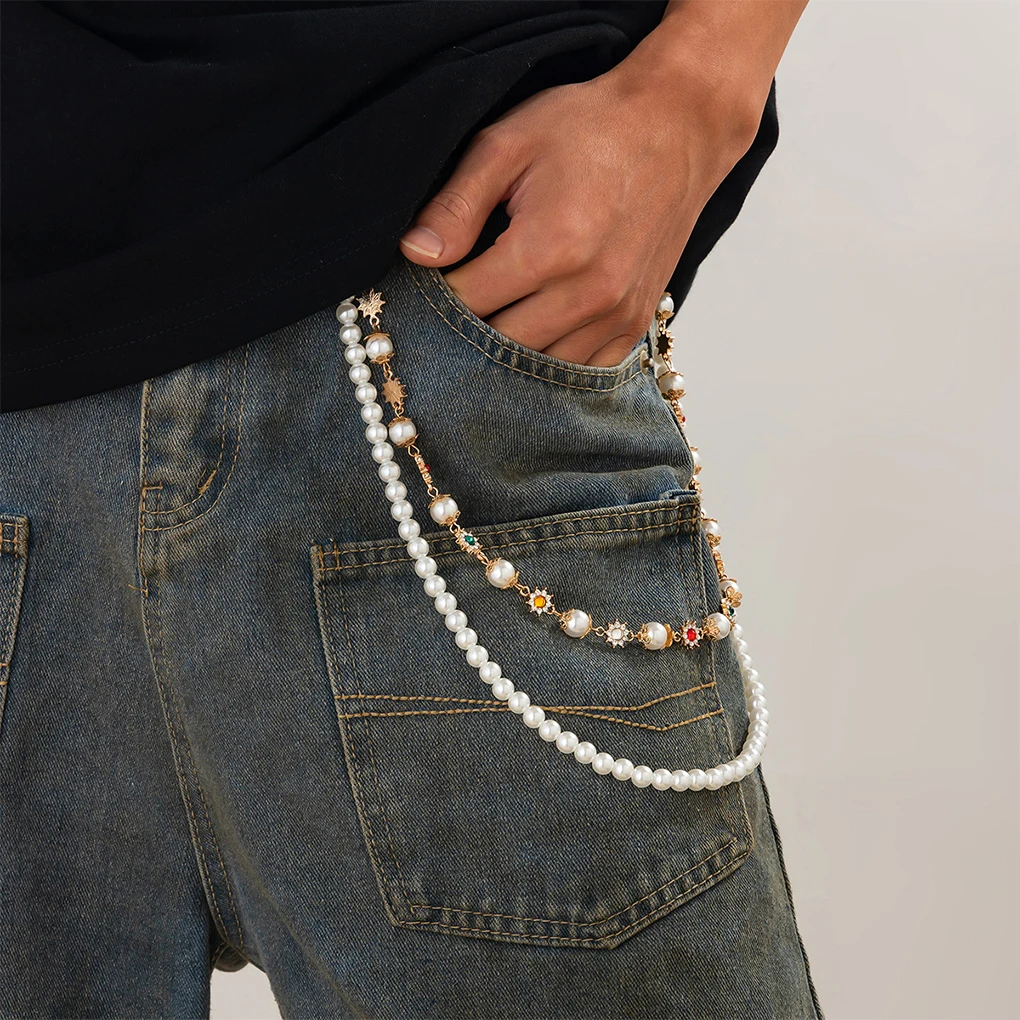 Punk Colorful Zircon Cross Pendant Pants Chain for Women Men Gothic Multi Layer Imitation Pearl Chain Waist Chain Jeans Jewelry view 5