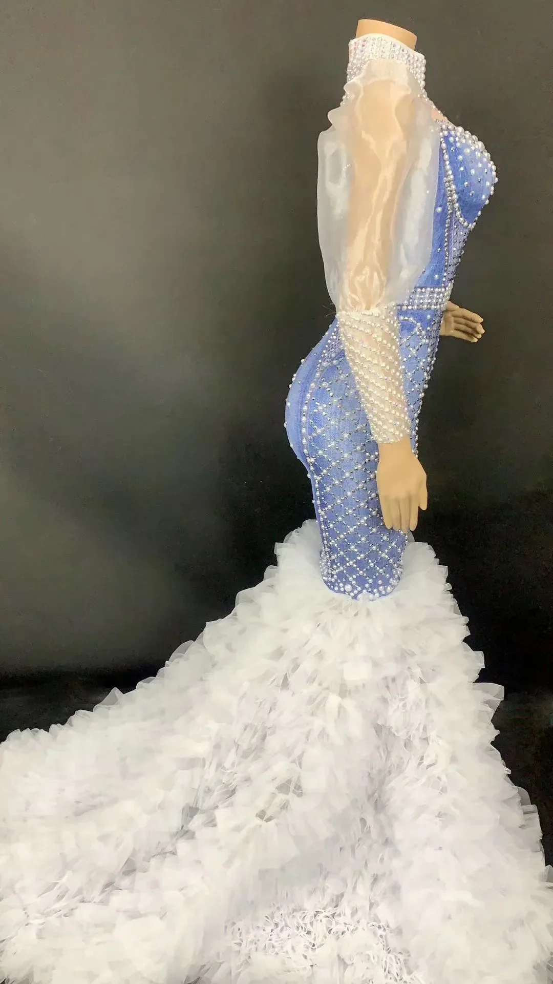 Gauze Puff Sleeves Denim Pearls Sexy Folds Long Trailing Dress For Women Model Cloth Stage Entertainer Evening Wear Drag Queen