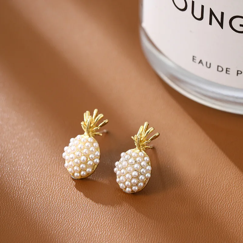 Fruit Pineapple Stud Earrings for Women Golden Color Mini Imitation Pearl Small Earrings Party Cute Trendy Jewelry Girls Gift