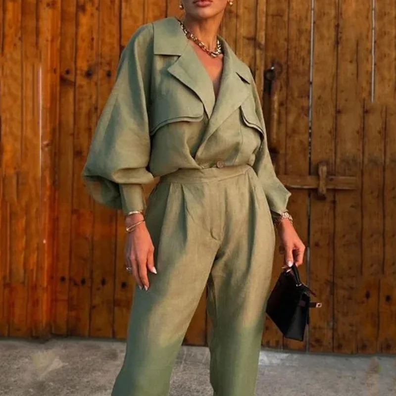 Two Piece Sets Women Pant Set Turn Down Collar Full Sleeve Tops Coats High Waist Long Pants Elegant Splice Slim Fit Summer