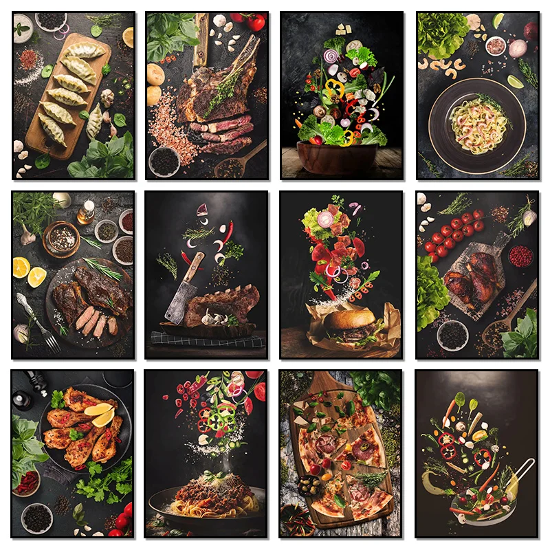 Póster de comida de cocina, pescado, Pasta, hamburguesa, Pizza, carne, especias, postre, cuadro sobre lienzo para pared, imagen impresa para decoración del hogar sin marco