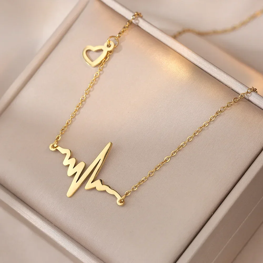 Korean Romantic Heart Beat Love Pendant Electrocardiogram Stainless Steel Necklace Collarbone Chain Girls for Christmas party