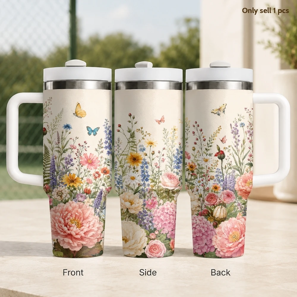 Pastel Garden Floral Border Vacuum Flasks 40oz Stainless Steel Insulated Tumbler with Handle & Straw Leakproof Travel Mug