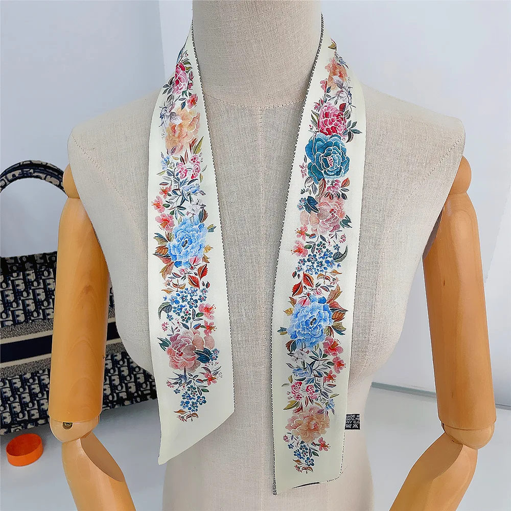 Bufanda pequeña con estampado de flores y Tarot francés para mujer, decoración de doble cara, elegante, con correa de encuadernación, cinta de regalo, bufanda de seda