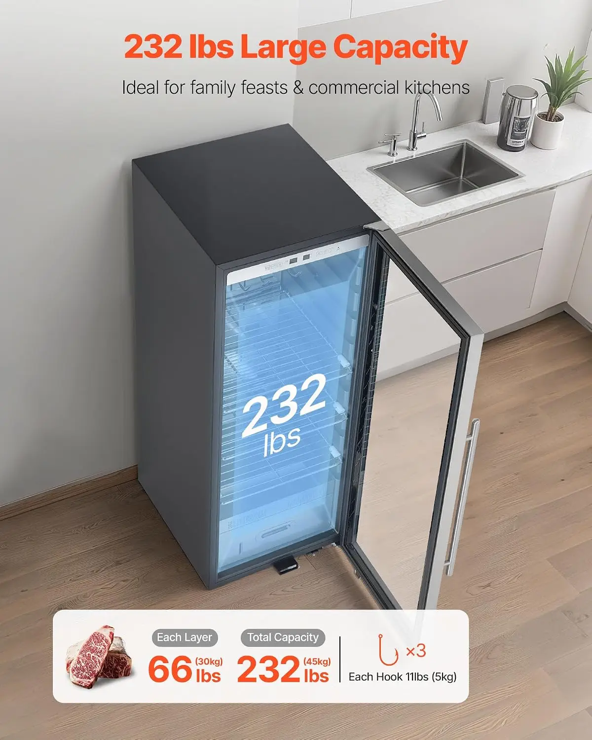 232 LBS Dry Aging Fridge for Steaks, Dry Ager Refrigerator for Meat with Precise Temperature & Humidity Control, Freestanding Be